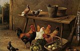Edgar Hunt Chickens and Pigeons in a Farmyard painting